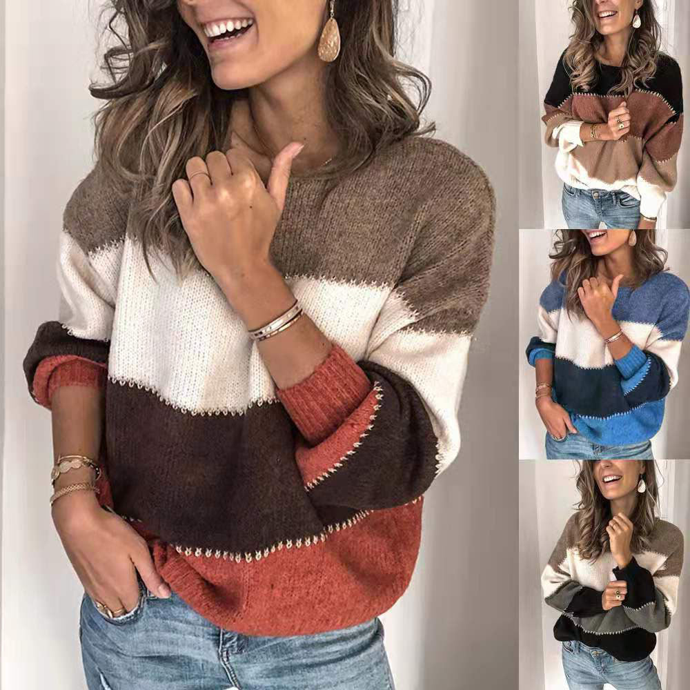 💖🧥Damski sweter w paski z okrągłym dekoltem, dzianinowy top