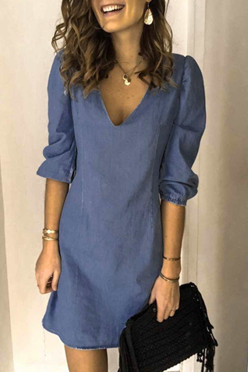 Fashion Casual Solid V Neck Denim Dress Dresses(4 Colors)