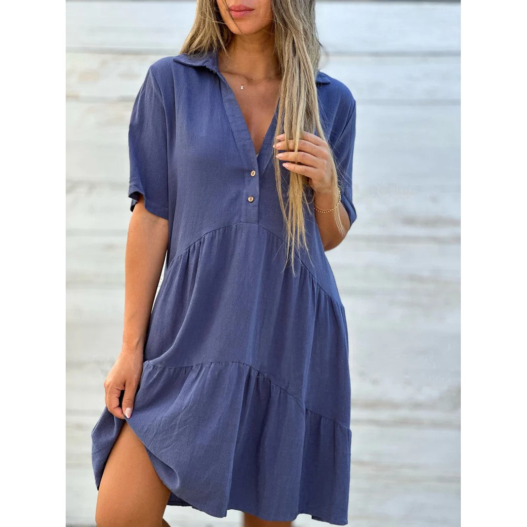 Buy 2 get free shipping💝Solid color comfort lapel button dress