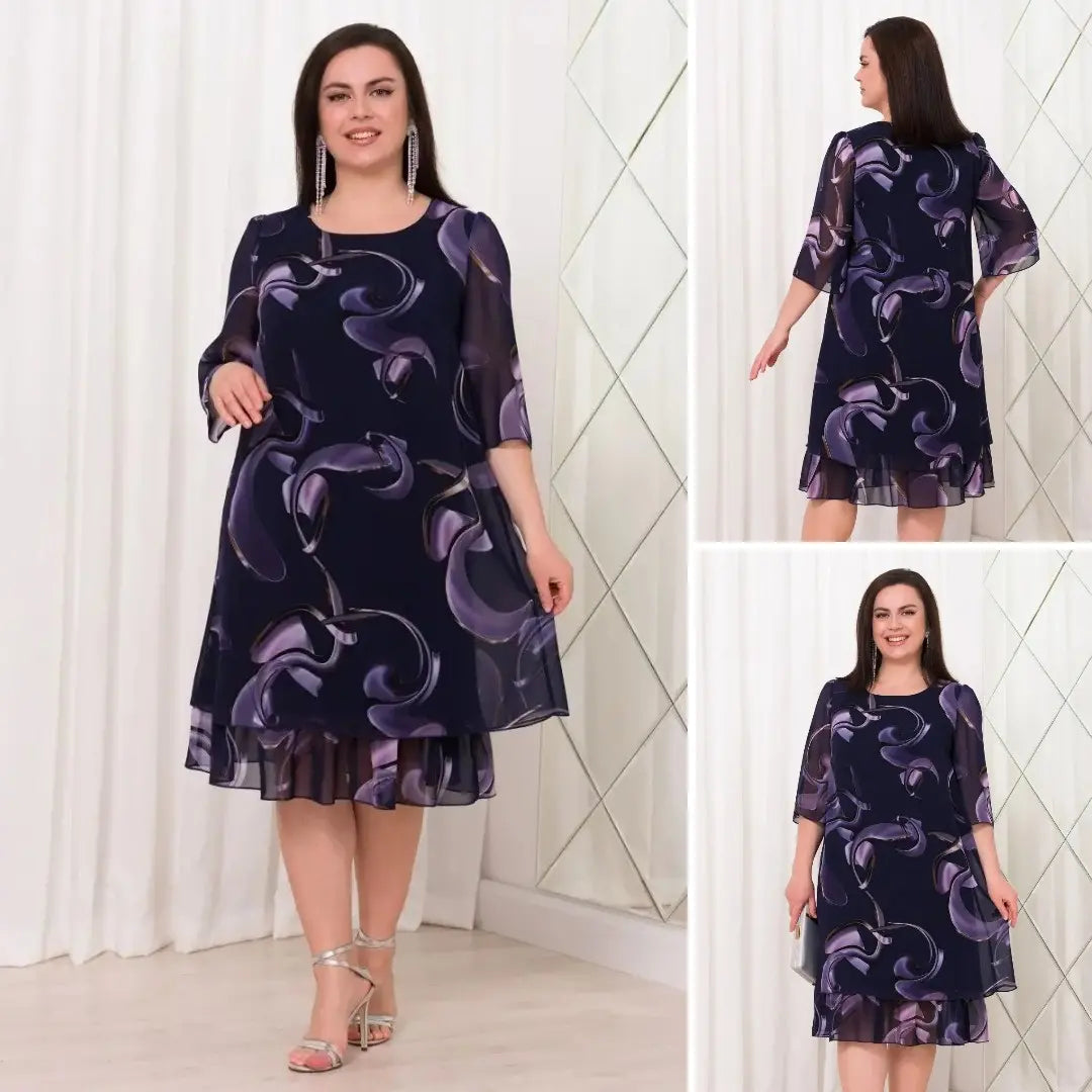 💕【S-5XL】👗Elegancka sukienka z nadrukiem siateczki i rękawami z falbaną