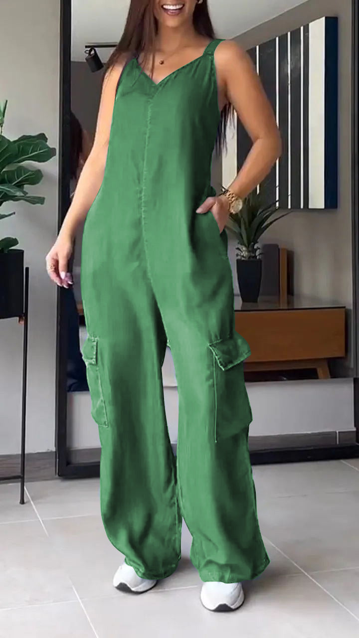 Thin Denim Cargo Pocket V-neck Jumpsuit