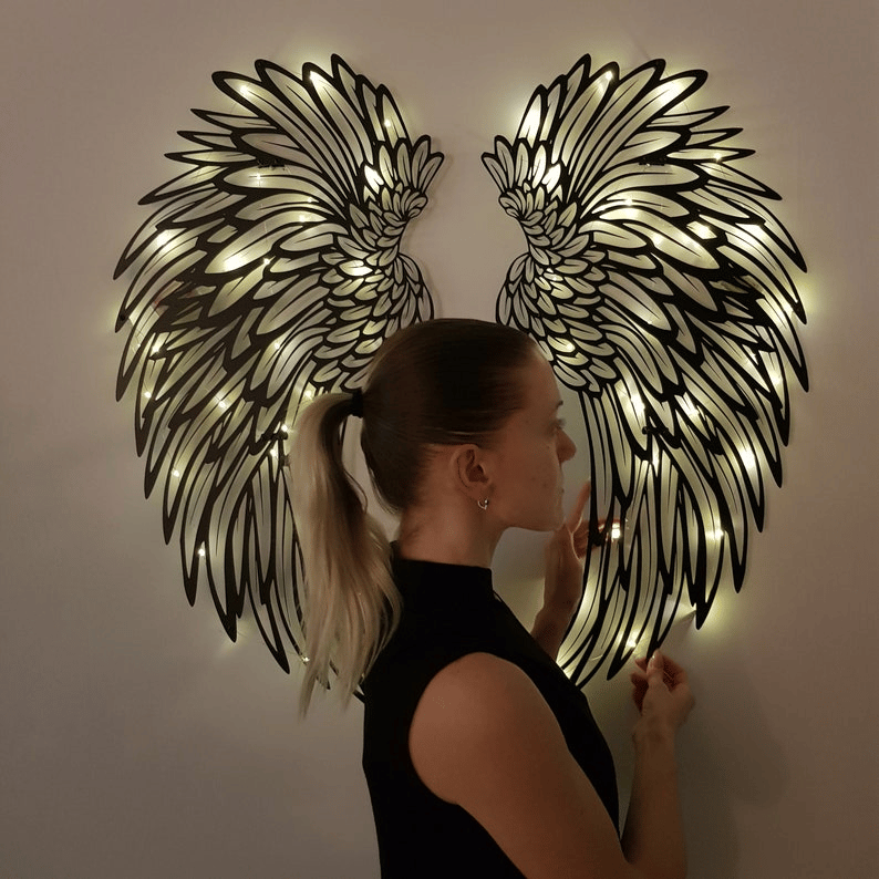 1 PARA METALOWEJ SZTUKI ŚCIENNEJ ANGEL WINGS ZE OŚWIETLENIEM LED-🎁 PREZENT DLA NIEJ