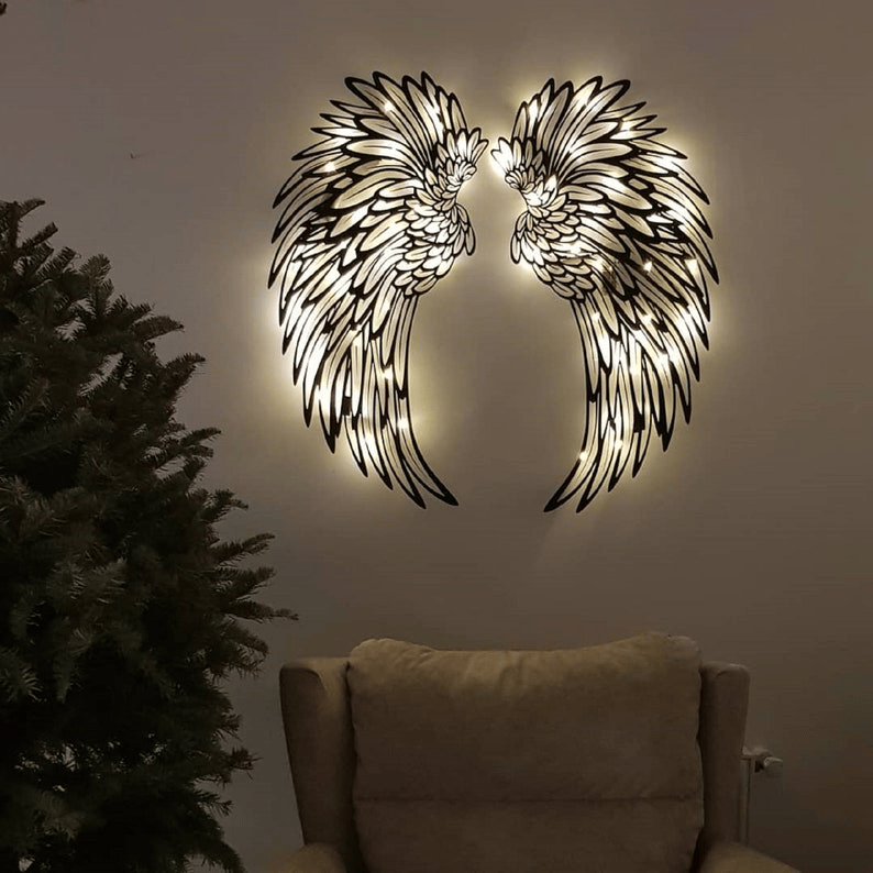 1 PARA METALOWEJ SZTUKI ŚCIENNEJ ANGEL WINGS ZE OŚWIETLENIEM LED-🎁 PREZENT DLA NIEJ