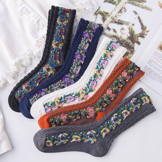 🧦(5 par) Skarpetki w stylu vintage z haftowanymi kwiatami