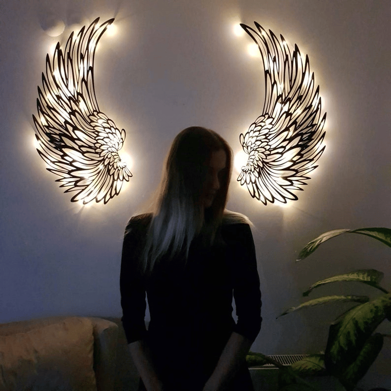 1 PARA METALOWEJ SZTUKI ŚCIENNEJ ANGEL WINGS ZE OŚWIETLENIEM LED-🎁 PREZENT DLA NIEJ